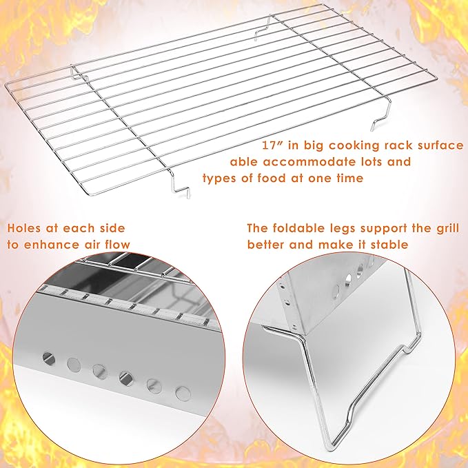 Moss & Stone 17" In Portable Tabletop Grill, Charcoal Barbecue Grill, Stainless Steel Portable Folding Tabletop Charcoal Grill For Shish Kabob Burgers & Meat Steak.
