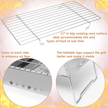 Moss & Stone 17" In Portable Tabletop Grill, Charcoal Barbecue Grill, Stainless Steel Portable Folding Tabletop Charcoal Grill For Shish Kabob Burgers & Meat Steak.