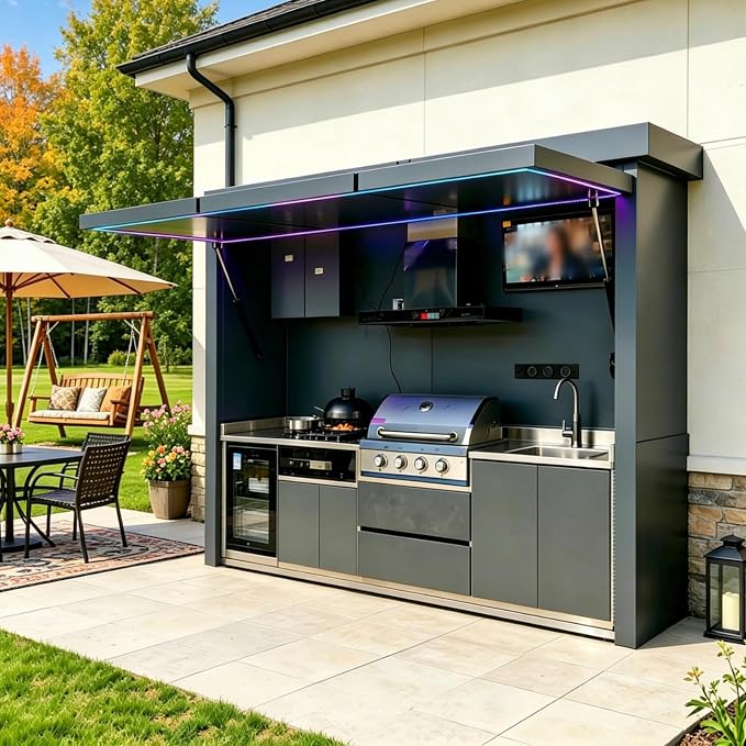 Modular Outdoor Kitchen Pod Prefab Kits with Roof, Sink, Grill Station, Storage Cabinet, Burners, Stainless Steel Patio Cooking Island for Backyard BBQ and Entertaining