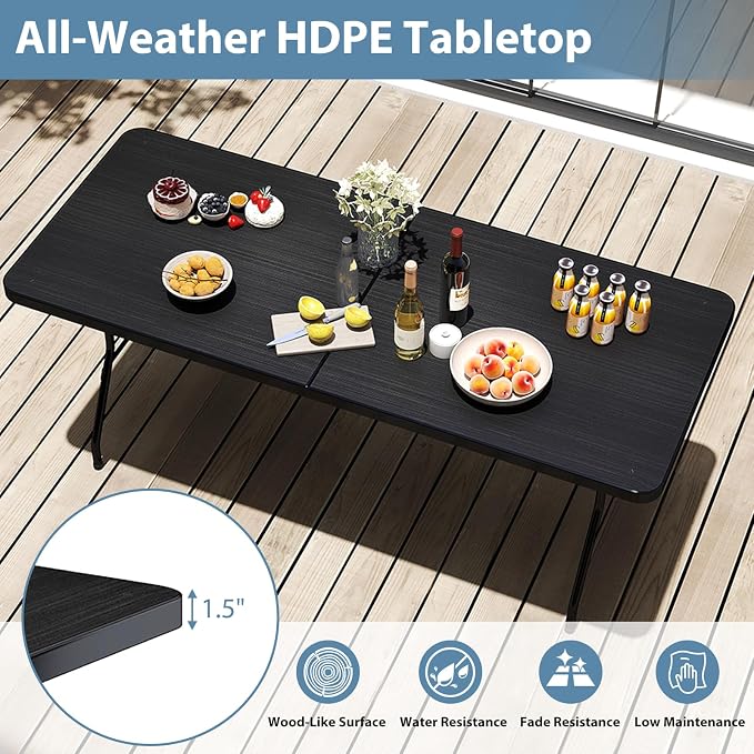 Giantex Folding Picnic Table, 6FT Portable Foldable Tables for Party BBQ, Metal Legs, HDPE, Outdoor Indoor Camping Table with Handle, No Assembly (Black)