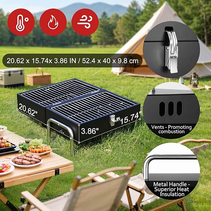 Portable Charcoal Grill with Heat Resistant Mat, 2 IN 1 Double-Sided Tabletop Small BBQ Grill for Backyard Party Outdoor Camping Beach BBQ, Easy Assembly, Heavy Duty, Black (270 Sq.In)