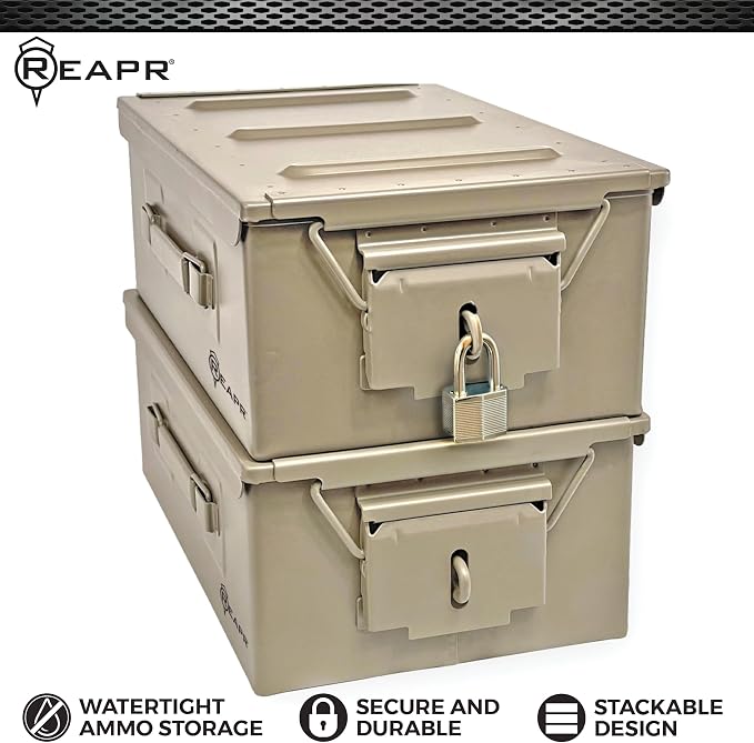 Reapr Steel Ammo Can, Heavy Duty Locking Metal Ammo Storage Box, Airtight and Watertight 30 Cal or 50 Cal Case for Rifle, Shotgun, Pistol, Military Footlocker Style Tool and Gear Organizer