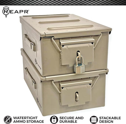Reapr Steel Ammo Can, Heavy Duty Locking Metal Ammo Storage Box, Airtight and Watertight 30 Cal or 50 Cal Case for Rifle, Shotgun, Pistol, Military Footlocker Style Tool and Gear Organizer
