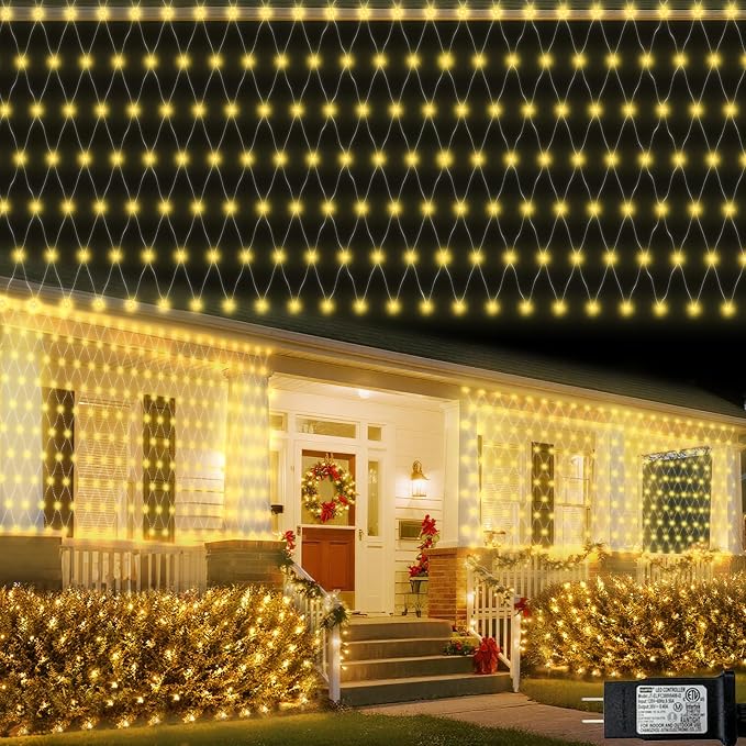 Pooqla Warm White Net Lights, 34.5X 5ft Christmas Lights Outdoor Clear Wire | 610 LED Large Net Mesh Lights Plug in, 8 Modes Waterproof Connectable Bushes Lights for Christmas Hedge Yard Decor