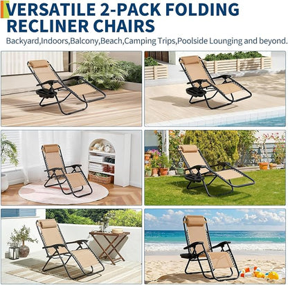 Garvee Camping Chairs Set of 2, Patio Lounge Chair Outdoor with Pillows & Cup Holder Trays, Adjustable Folding Patio Lawn Chair for Deck,Beach, Yard Khaki