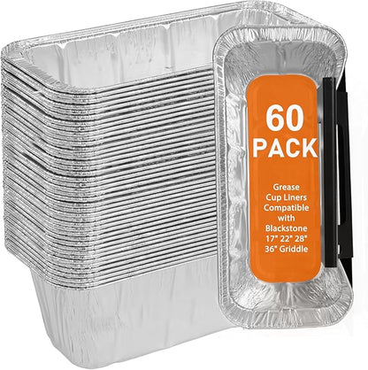 60 Pack Grease Cup Liners Compatible with Blackstone Griddle 5017 - Disposable Aluminum Foil Drip Pan Grease Catcher Cup Liner for 17, 22, 28, 36 Inch | Disposable;Heavy duty;Multipurpose;Wide compatibility;Easy to use;Easy to clean;Large capacity