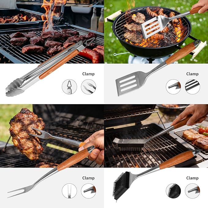 5in1 Heavy-Duty Rose Wooden BBQ Grilling Tools Set and BBQ Blanket for Resting Meat, Extra Thick SS Multi-Function Spatula, Fork, Brush & Tongs, Reusable Smoker Meat Insulated Bag, Ideal Gifts for Men