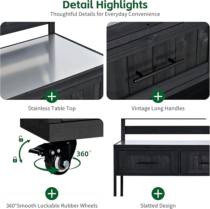 62 Inch Patio Kitchen Island with Stainless Steel Top, Black | Black fir wood, stainless steel top, garden or patio, raised shelf, 2 drawers, lockable wheels, modular design, 62.3 in L