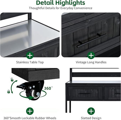 62 Inch Patio Kitchen Island with Stainless Steel Top, Black | Black fir wood, stainless steel top, garden or patio, raised shelf, 2 drawers, lockable wheels, modular design, 62.3 in L