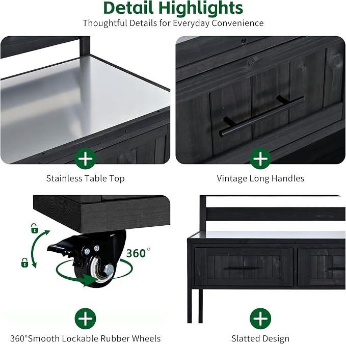 Outdoor Kitchen Cart with Stainless Steel Top, 62.3 Inch | Fir wood frame, stainless surface, raised shelf, fixed shelf, 2 lockable wheels, split-use design, BBQ prep, patio garden use