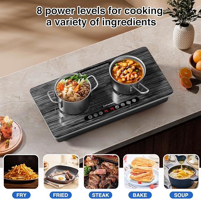 Portable Induction Cooktop 2 Burner, 1800W Double Induction Burner with Touch Control, Timer & Safety Lock, Electric Induction Stove 110V, Wood Grain Panel