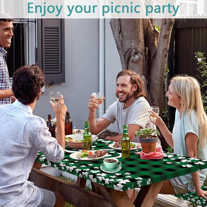 St. Patrick's Day Picnic Table Cover with Bench Covers, Camping Essentials, Buffalo Plaid Shamrock Lucky Outdoor Table Covers, Waterproof, Fitted Tablecloth Cover with Elastic Edge, 3 PCS, 30x60 Inch