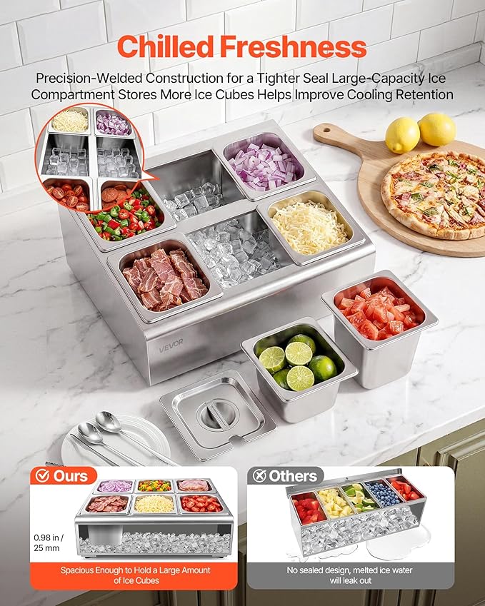 VEVOR Countertop Food Serving Display Container, Stainless Steel Food Salad Server Tray, Buffet Condiment Dispenser, Ice Cooled Rack with Separate Lid, for Restaurant Hotel Kitchen Party (6x1/6 Pan)
