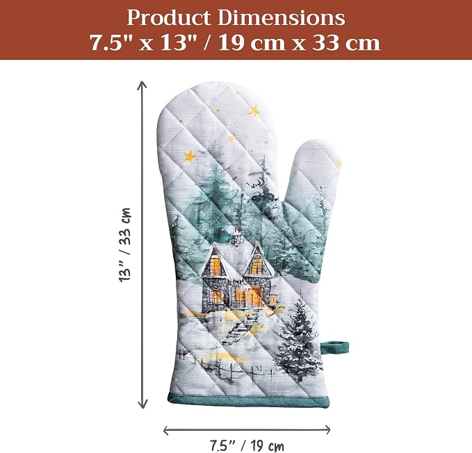 Maison d'Hermine Oven Gloves 100% Cotton Oven Mitt (7" x 13", Pack of 1) | With Loop Heat Resistant BBQ Cooking Gloves Baking Kitchen Handling Hot Pans Thanksgiving Christmas - Neige de Noel