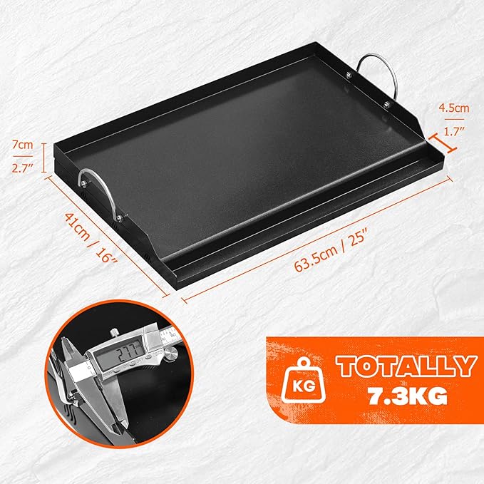 onlyfire 25" x 16" Ceramic Coated Non-Stick Flat Top Griddle Insert | Removable Handles, Wavy Ventilation, Grease Groove, For Gas and Charcoal Grills, Tailgating, Camping and Parties