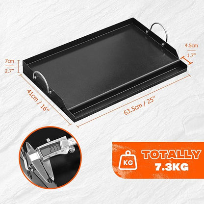 onlyfire 25" x 16" Ceramic Coated Non-Stick Flat Top Griddle Insert | Removable Handles, Wavy Ventilation, Grease Groove, For Gas and Charcoal Grills, Tailgating, Camping and Parties