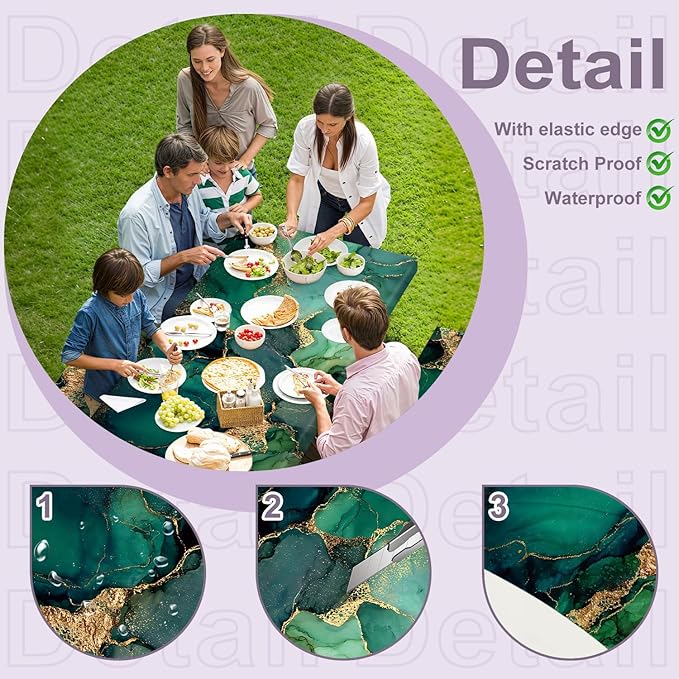 Marble Picnic Table Cover with Table Cover, Elastic Tablecloth for Outdoor Picnic Tables, Jade Green and Gold Texture Design, Tablecloth for Camping, Barbecue and Terrace Dining