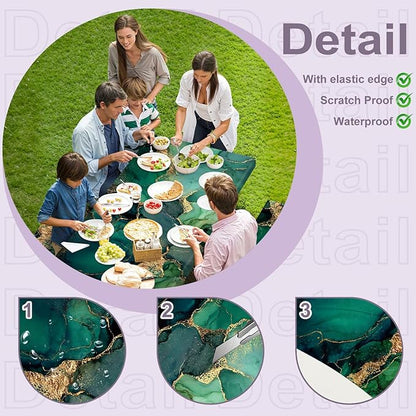 Marble Picnic Table Cover with Table Cover, Elastic Tablecloth for Outdoor Picnic Tables, Jade Green and Gold Texture Design, Tablecloth for Camping, Barbecue and Terrace Dining