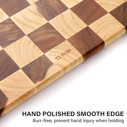 TJ POP End Grain Cutting Board - Heavy Duty Acacia/Rubber Wood For Kitchen, Flippable Serving Board For Meat, Bread & Fruits, Rectangle, 14.5 x 10 x 0.8 Inch