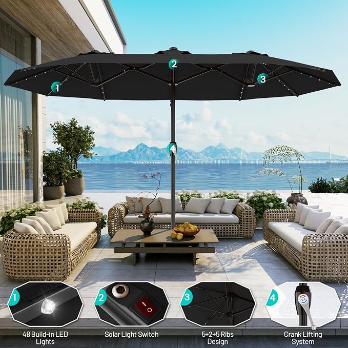AreShark 15FT Patio Umbrella with Solar Lights, Double Sided Outdoor Table Umbrellas with Crank, Large Rectangular Market Umbrella for Porch, Lawn, Pool, Backyard, Dark Black