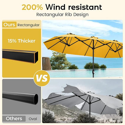 DomeShade 15FT Double-Sided Patio Umbrella with Base,Large Outdoor Rectangular Market Umbrella with Stand & Crank Lift,UV-Resistant Outside Umbrella for Garden,Poolside,Lawn,Deck,Yellow