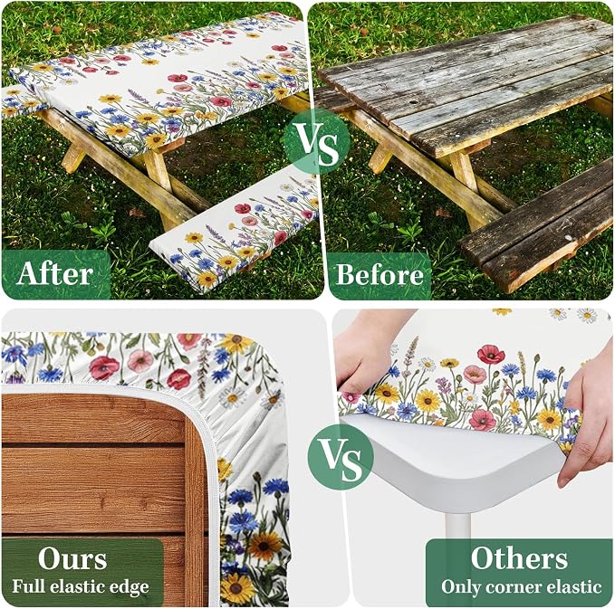 Picnic Table Cover with Bench Covers, Wildflower, 72 Inch, 3PCS | Waterproof fitted tablecloth with elastic edges for outdoor camper camping essentials with drawstring bag