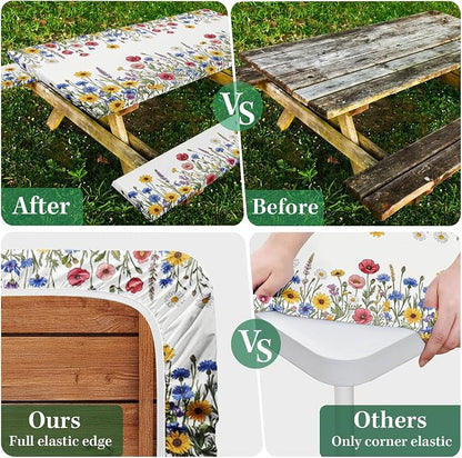 Picnic Table Cover with Bench Covers, Wildflower, 72 Inch, 3PCS | Waterproof fitted tablecloth with elastic edges for outdoor camper camping essentials with drawstring bag