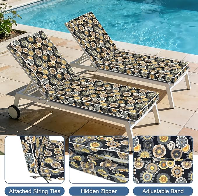 LVTXIII Outdoor Chaise Lounge Cushion 72x21x3 Inch, Water-Repellent Patio Seat Cushion with Ties & Hidden Zipper, Thick Foam Pad for Lawn Chair, Poolside, Patio Furniture, Black Yellow Crosby