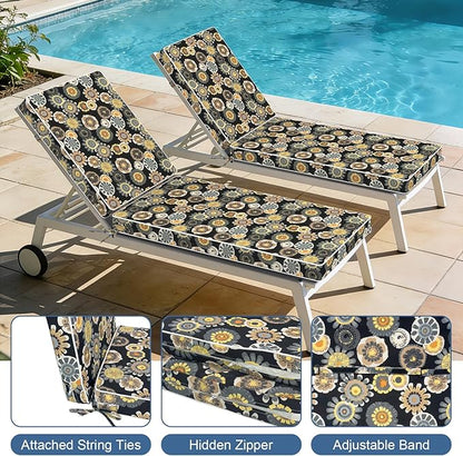 LVTXIII Outdoor Chaise Lounge Cushion 72x21x3 Inch, Water-Repellent Patio Seat Cushion with Ties & Hidden Zipper, Thick Foam Pad for Lawn Chair, Poolside, Patio Furniture, Black Yellow Crosby