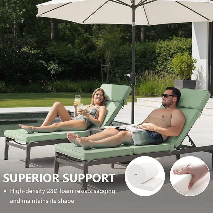 72 x 21 Inch Outdoor Chaise Lounge Cushions Set of 2 - Removable Cover, 4-Section Design, Water-Repellent & Fade-Resistant, 6 Tie Straps, Replacement for Patio & Pool Chairs - Sage Green