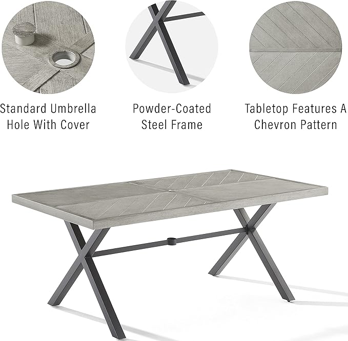 Crosley Furniture Otto 6-Person Rectangular Outdoor Dining Table with Umbrella Hole for Outside Patio, Matte Black with Gray Tabletop