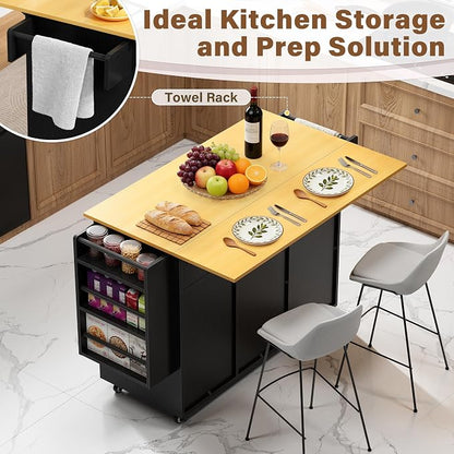 YESHOMY Kitchen Island on Wheels with Trash Cabinet, 56" Mobile Cart with Drop Leaf and Drawers, Rolling Portable Table with Spice Rack & Towel Holder for Dining Room, Black & Oak