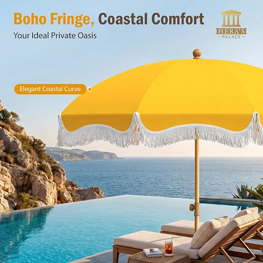 HERA'S PALACE 7 ft Heavy Duty Beach Umbrella with Sand Anchor, Fringe Umbrella for Sand, UV 50+, Patio Umbrella with Tilt Pole for Garden Pool Backyard