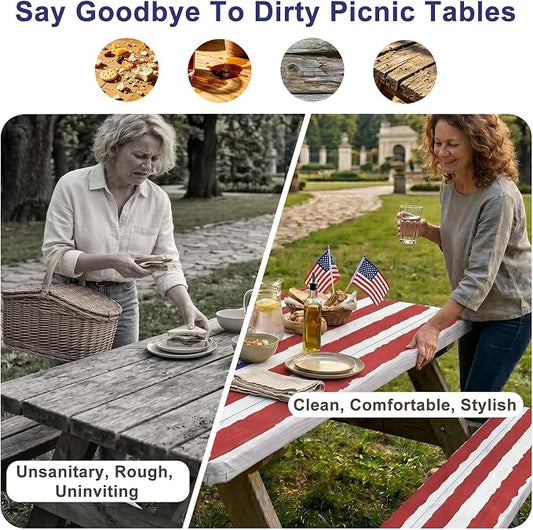 Picnic Table Cover with Bench Covers Windproof Waterproof Picnic Table Covers Camping Tablecloth with Self-Storage Bag, 72in, Bright White Wood