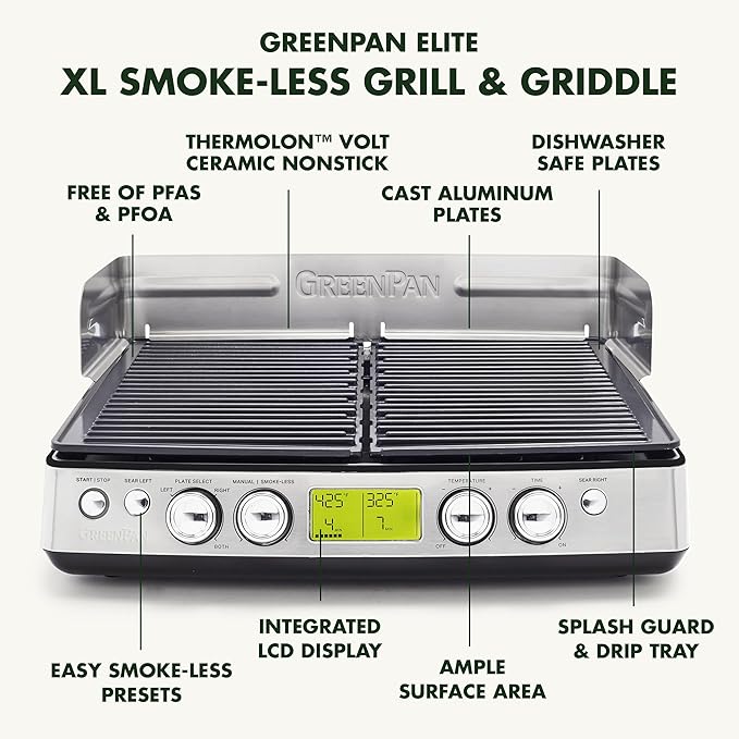 GreenPan Elite XL Smoke-less Grill and Griddle, Healthy Ceramic Nonstick Interchangeable/Removeable Cast Aluminum Plates, Indoor BBQ Sear Sizzle, LCD Display, Splash Guard, Drip Tray, PFAS-Free, Black