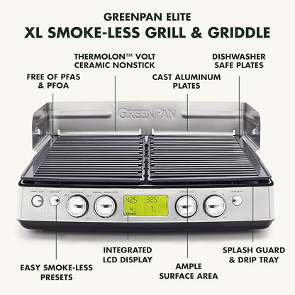 GreenPan Elite XL Smoke-less Grill and Griddle, Healthy Ceramic Nonstick Interchangeable/Removeable Cast Aluminum Plates, Indoor BBQ Sear Sizzle, LCD Display, Splash Guard, Drip Tray, PFAS-Free, Black