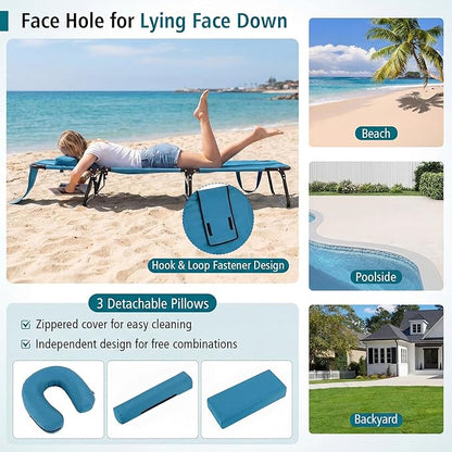 GYMAX Tanning Chair, Folding Lounge Chairs with Face Hole & Cover, Removable Pillow Carry Handle, Portable Compact Outdoor Layout Recliner for Beach, Poolside, Lawn, Patio, Camping (Blue,2)
