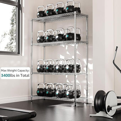 IZEUK 3400 LBS Garage Shelving Wide Storage Shelves 4 Tier Metal Shelves Heavy Duty Adjustable Utility Shelf Rack Chrome 17.7" D x 47.2" W x 70.4" H