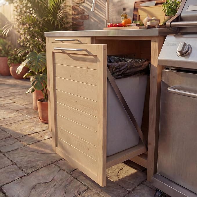MOUMON Patio Kitchen Sink Cabinet with Stainless Steel Countertop, Solid Cedar Patio Prep Table with Trash Bin Storage, Outdoor Cooking Station, Sink not Included, Oak 51.2”W x 23.6”D x 37.4”H