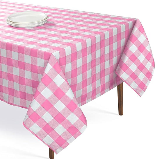 Rose Pink and White Buffalo Check Tablecloth, 52x70 Inches, Plaid Table Cover, 100% Cotton, Washable and Reusable, Perfect for Baby Showers, Birthdays, Weddings and Holiday Gatherings