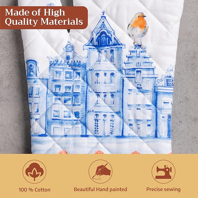 Maison d'Hermine Oven Gloves 100% Cotton Oven Mitt 7" x 13" with Loop Heat Resistant BBQ Cooking Gloves Baking Grilling Kitchen Hotel Home Farmhouse Spring Summer (Pack of 1, Amsterdam Canals)