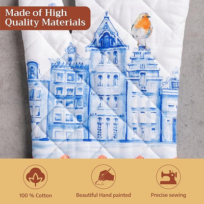 Maison d'Hermine Oven Gloves 100% Cotton Oven Mitt 7" x 13" with Loop Heat Resistant BBQ Cooking Gloves Baking Grilling Kitchen Hotel Home Farmhouse Spring Summer (Pack of 1, Amsterdam Canals)