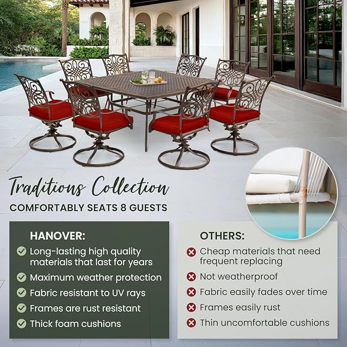 Hanover Traditions 9-Piece Patio Dining Set, Rust-Free Aluminum Outdoor Dining Set with Autumn Berry Cushions, 8 Swivel Rockers and Aluminum Square Dining Table, All-Weather Outdoor Dining Set for 8