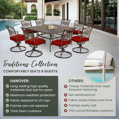 Hanover Traditions 9-Piece Patio Dining Set, Rust-Free Aluminum Outdoor Dining Set with Autumn Berry Cushions, 8 Swivel Rockers and Aluminum Square Dining Table, All-Weather Outdoor Dining Set for 8