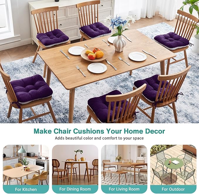 BETU Chair Cushions for Dining Chairs Set of 6,3.5" Thick Kitchen Table Chair Pads with Ties,Non Slip Backing and Covers, Seat Cushion for Dining Room,Bar,Patio Chairs,15.5"X15.5"X3.5",Dark Purple