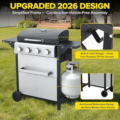 4 Burner Gas Grill with Foldable Shelves, 40,000 BTU Stainless Steel Propane BBQ Grill, 387 Sq. In. Cooking Space, Portable Outdoor Grill for Patio, Backyard, Camping & Tailgating