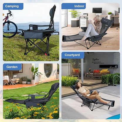 Reclining Camping Chair 4 Position with Foot Rest Comfortable for Adults 265Ibs Folding Lounger Mesh Beach Chair with Cooler Bag and Cup Holder for Outdoor Patio