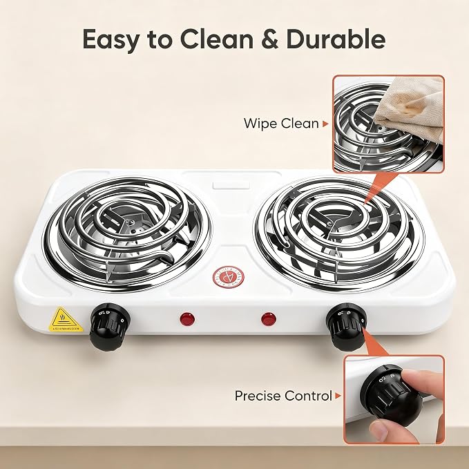 2200W Portable Electric Hot Plate for Cooking, Two Burner Electric Cooktop,Double Coil Electric Burner, Electric Stove with 2 Burner,Adjustable Temperature Control，White