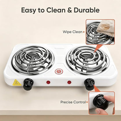 2200W Portable Electric Hot Plate for Cooking, Two Burner Electric Cooktop,Double Coil Electric Burner, Electric Stove with 2 Burner,Adjustable Temperature Control，White
