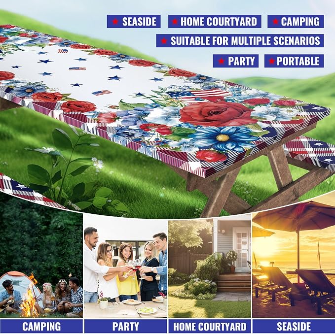 Cinrobiye 84 Inch Picnic Table Cover with Bench Covers, Fitted Elastic Waterproof Picnic Tablecloth with Bench Covers, Red White and Blue American Flag Table Cover for Camping, BBQ, Outdoor Parties